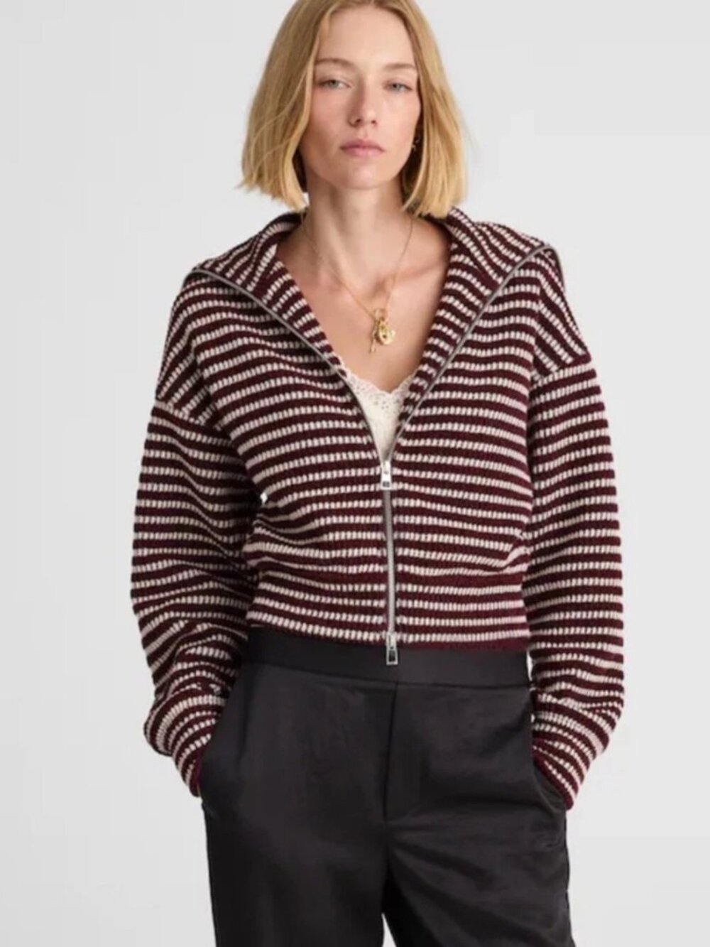 Madewell Dark Pomegranate/White Striped Zip Up Ribbed Sweater Jacket S NWT